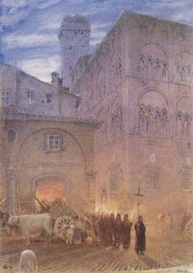 Lucca; Toscane; religieuze processie; kar; koe; door Albert Goodwin