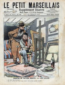 Een schilder in een zolderkamer schildert stillevens, de fles wijn en de cake die als model dienen blijven niet stil staan. Illustratie door Albert Guillaume (1873-1942) uit 