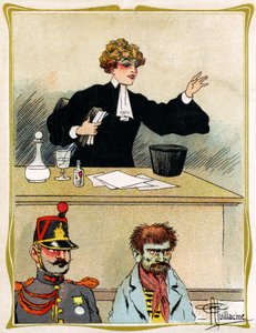 Een vrouwelijke advocaat met een mooi gezicht, pleit en verdedigt haar cliënt kijkt geduldig. Reclame, gravure 1902-1903