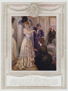 Belle Epoque Parijs, Modieuze dame die een jurk past (kleur litho)