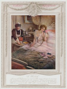 Belle Epoque Parijs, Modieuze dame die wakker wordt (kleur litho) door Albert Guillaume