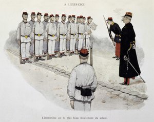 In de oefening: immobilisatie is de mooiste beweging van de soldaat - het leger gezien door Albert Guillaume (1873-1942), circa 1900 door Albert Guillaume