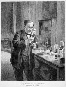 Louis Pasteur in zijn laboratorium volgens het schilderij van Edelfelt