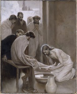 Le Christ lavant les pieds de ses disciples - Christus wast de voeten van de discipelen, door Edelfelt, Albert Gustaf Aristides (1854-1905). Grisaille