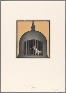 Ontwerp voor een politieke spotprent met een gekooide vredesduif: Toekomst door Albert Hahn (I)