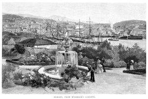 Hobart vanuit McGregors Tuinen, Tasmanië, Australië, 1886 door Albert Henry Fullwood