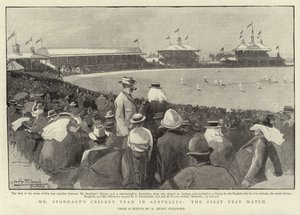 Het cricketteam van Mr Stoddart in Australië, de eerste testwedstrijd