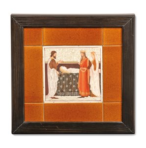 Tegel geschilderd met een middeleeuwse scène, c.1880-99 door Albert Joseph (attr.to) Moore