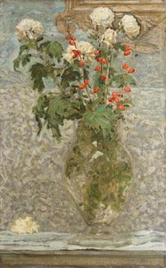 Witte chrysanten en rode bessen door Albert Joseph Moore
