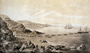 installatie van de eerste transatlantische telegrafische kabel tussen Ierland en Canada (1857) gravure door Albert Kruger c.1870 door Albert Kruger