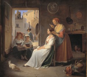 Een jonge Italiaanse vrouw die door haar moeder wordt versierd