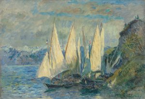 Boten met grote zeilen op het Meer van Genève bij Meillerie in Haute-Savoie