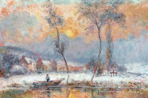 Zonsopgang, door de Sneeuw, op de Vijver van Chalou-Moulin
