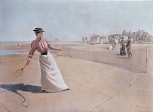 Amateur tennismatch op het strand - tekening door Lynch, 20e eeuw