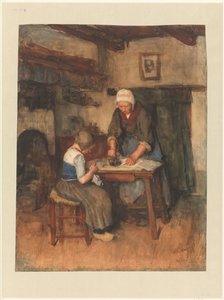 Interieur met strijkende vrouw en naaiend kind