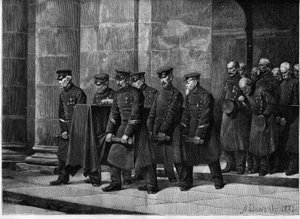 De begrafenis van een gehandicapte. Franse soldaten dragen de kist van een soldaat tijdens zijn begrafenis in de Kerk van Soldaten (Saint Louis des Invalides) in Parijs. Gravure naar het schilderij van Albert Pierre Dawant (1852-1923) in 