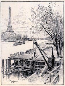 Begin van de bouwwerkzaamheden aan de architectonische reconstructie van middeleeuws Oud Parijs, aan de oevers van de Seine, voor de Wereldtentoonstelling van 1900 door Albert Robida