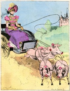 Tekening door Albert Robida (1848-1926) op de omslag van de Comique Wereld nr. 296 (begin 20e eeuw) - Nieuwe zeer elegante koets voor kleine uitstapjes op het platteland - Jonge vrouw die een varkenskar bestuurt (varkens) -