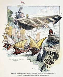 Gulliver en zijn gigantische boot in de haven van de Lilliputters - in 