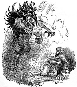 Illustratie door Albert Robida (1848-1926) van een Arabische legende (1001 nachten): een vreselijke demon (boze geest) presenteert een man een fles wijn. gravure uit het boek 