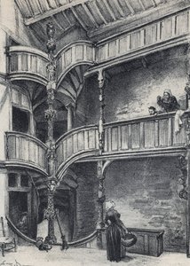 Interieur van een huis in Morlaix - Oud Frankrijk - Bretagne - tekst, tekeningen en lithografieën, door Albert Robida (1848-1926) ongedateerd eind 19e eeuw