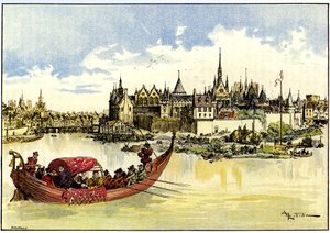 Koning Henri III in een boot die de eerste steen legt van de Pont Neuf over de Seine in Parijs, 31 mei door Albert Robida