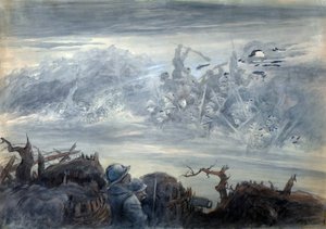 Le combat des ombres: poilus dans une tranchee verbeelding van een aanval door spookachtige soldaten