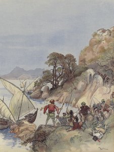 De Barbarijse zeerovers terroriseren de kust van de Middellandse Zee, ontvoeren de inwoners om ze als slaven te verkopen door Albert Robida