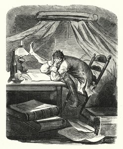 Man die aan een tafel leest door Albert Robida