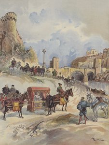 Marguerite van Frankrijk, op bezoek bij haar broer, wordt ontvangen op de Pont de Toledo door Karel V