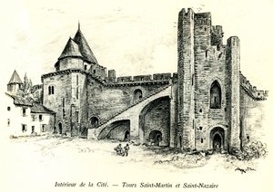 Middeleeuwse stad Carcassonne (Aude, Languedoc, Pays Cathare) - Torens Saint Martin en Saint Nazaire met huizen gebouwd tegen de vestingmuren - romantische gravure door Albert Robida (1848-1926) in een boek gepubliceerd aan het begin van de 20e eeuw