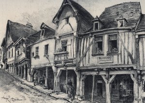 Rue Poterie in Fougeres in het departement Ille-et-Vilaine - La vieille France - La Bretagne - tekst, tekeningen en lithografieën, door Albert Robida (1848-1926) door Albert Robida