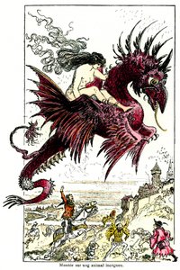 Succubus: vrouwelijke demon rijdend op een draak - illustratie door Albert Robida voor de Drolatic Tales door Honoré de Balzac - begin 20e eeuw