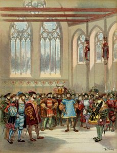 De Bourgondische heraut, gestuurd door Karel V (1500-1558), werd ontvangen door Francois I (1494-1547) in de grote zaal van het Parlement in Parijs, eerste helft van de 16e eeuw