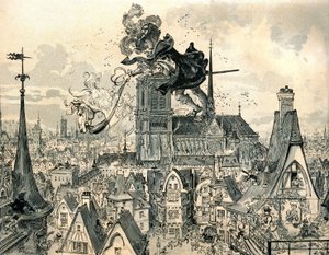 De reus Gargantua springt van zijn paard door Albert Robida