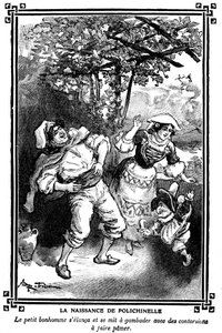 De geboorte van Polichinelle. Tekening door Albert Robida in een kinderleesboek 1920-1930 door Albert Robida
