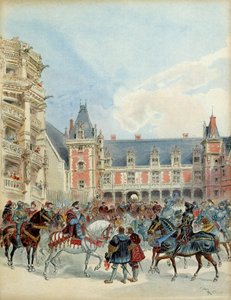 Het hof van Frans I (1494-1547) in het koninklijk kasteel van Blois, voor 1524. Illustratie door Albert Robida