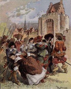 De verlegenheid van Kapitein Bellormeau - “Madame de Malicorne viel in de armen van een sergeant”. Personage uit het boek van Albert Robida. Omslag “De Kleine Fransman geïllustreerd” van 20/01/1900.