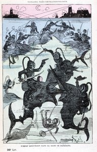Onderwatergevecht in de baai van Papagayo (duikers die op vissen rijden), parodie op Jules Verne, 