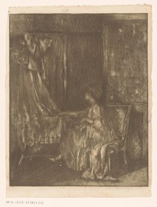 Vrouw die op een stoel naast een wieg zit door Albert Roelofs