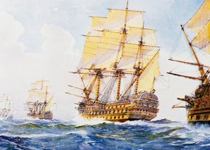18e-eeuwse schepen in een enkele rij op stuurboord, aquarel door Albert Sebille (1874-1953), 20e eeuw door Albert Sébille