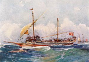 Galei van Malta met wind in de zeilen (17e eeuw), aquarel door Albert Sebille