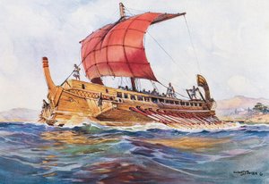 Lichtschip uit de Klassieke Griekse tijd, aquarel door Albert Sebille (1874-1953)