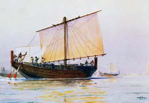 Fenicische koopvaardijschip aankomend in Pharos, aquarel door Albert Sebille, 20e eeuw