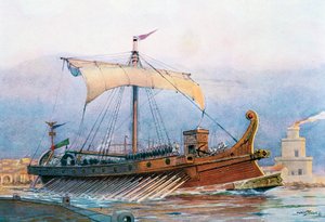 Romeins keizerlijk tijdperk schip verlaat arsenaal, aquarel door Albert Sebille