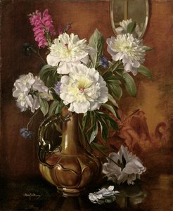 Witte pioenen in een geglazuurde Victoriaanse vaas door Albert Williams
