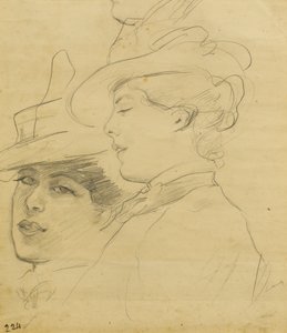 Hoofd van een vrouw met versierde hoed, profiel en driekwart zicht, ca. 1900