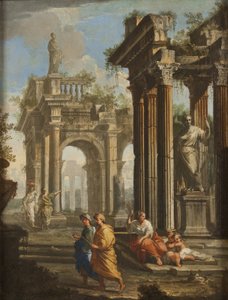 Pelgrims naast klassieke gebouwen, ca. 1710