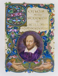 Boekfrontispice met fijn gekleurd portret van William Shakespeare door kunstenaar Alberto Sangorski