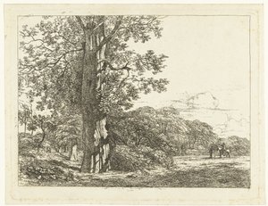 Landschap met grote beukeboom en ruiter in gesprek met man door Albertus Brondgeest